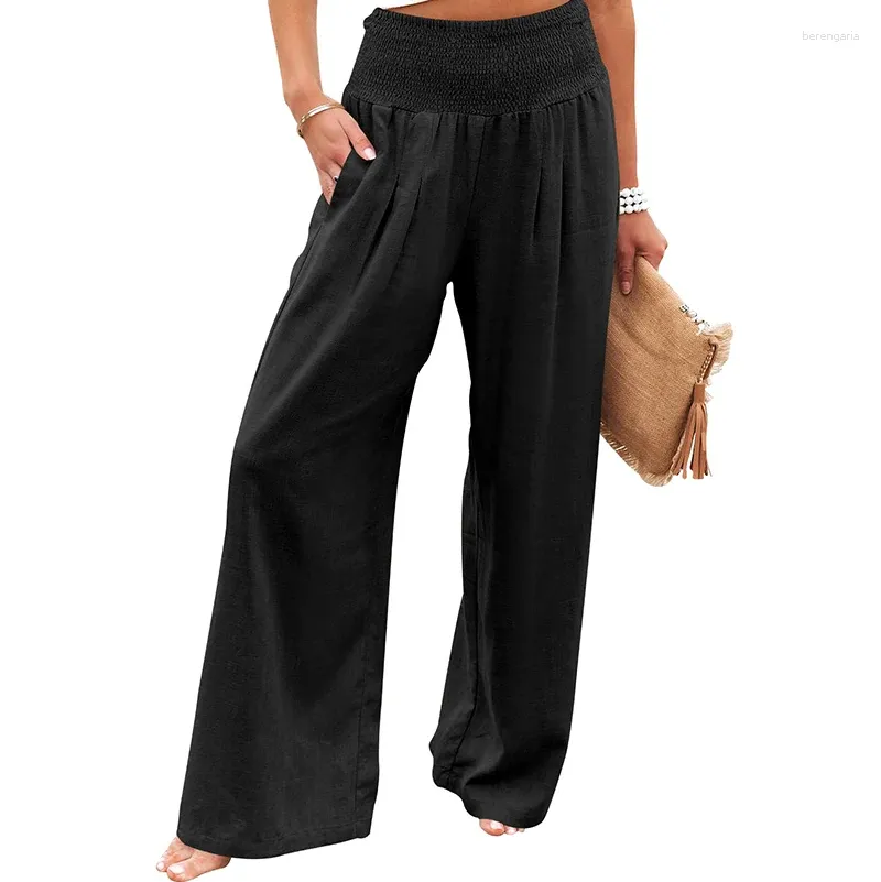 Pantalon féminin lin grand jambe boho style haute taille occasionnelle avec poches