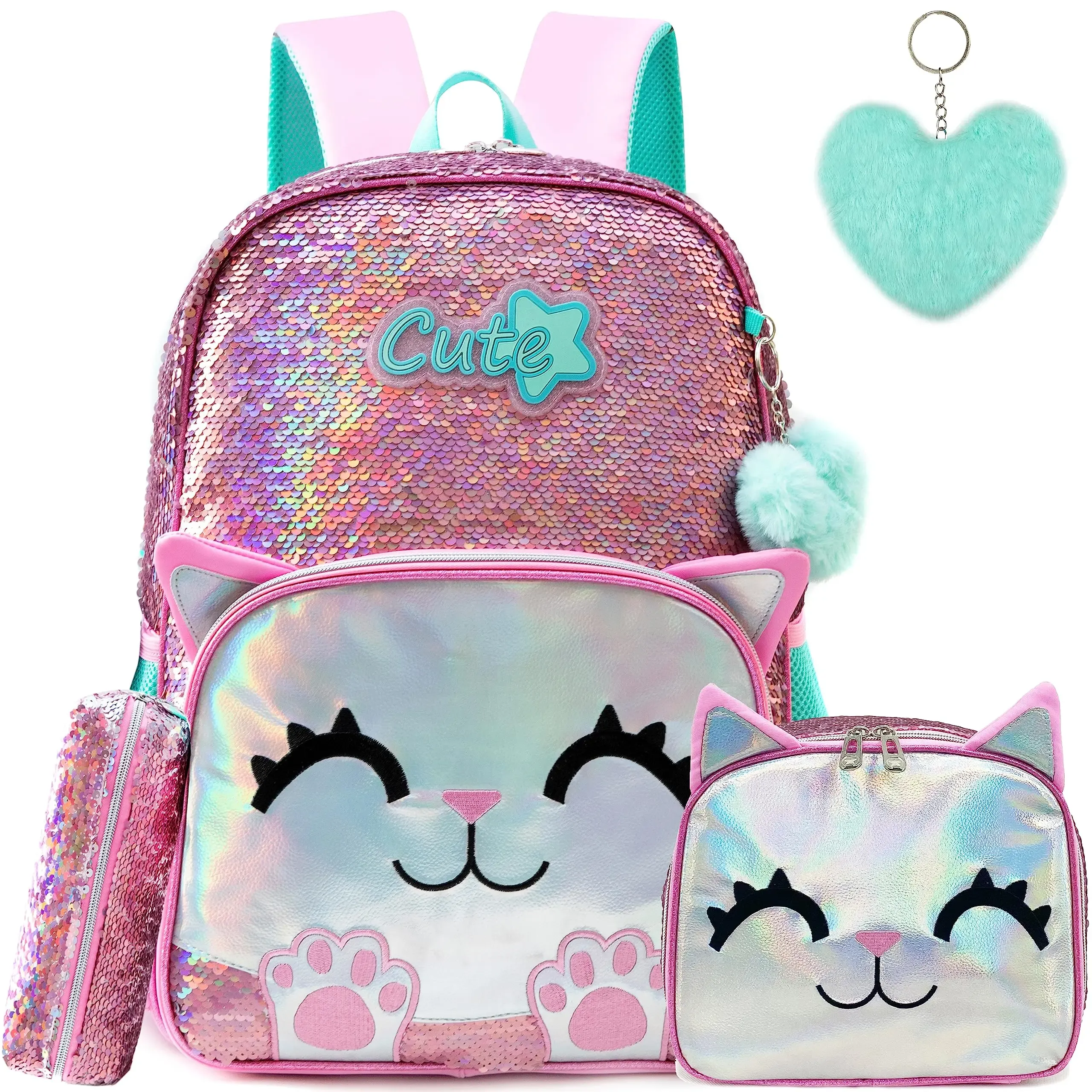 バッグは女の子のためのバックパックを満たしている女の子のための女子学校バッグスパンコールの学校の本バッグ小学生のための旅行バッグとランチボックスと一緒