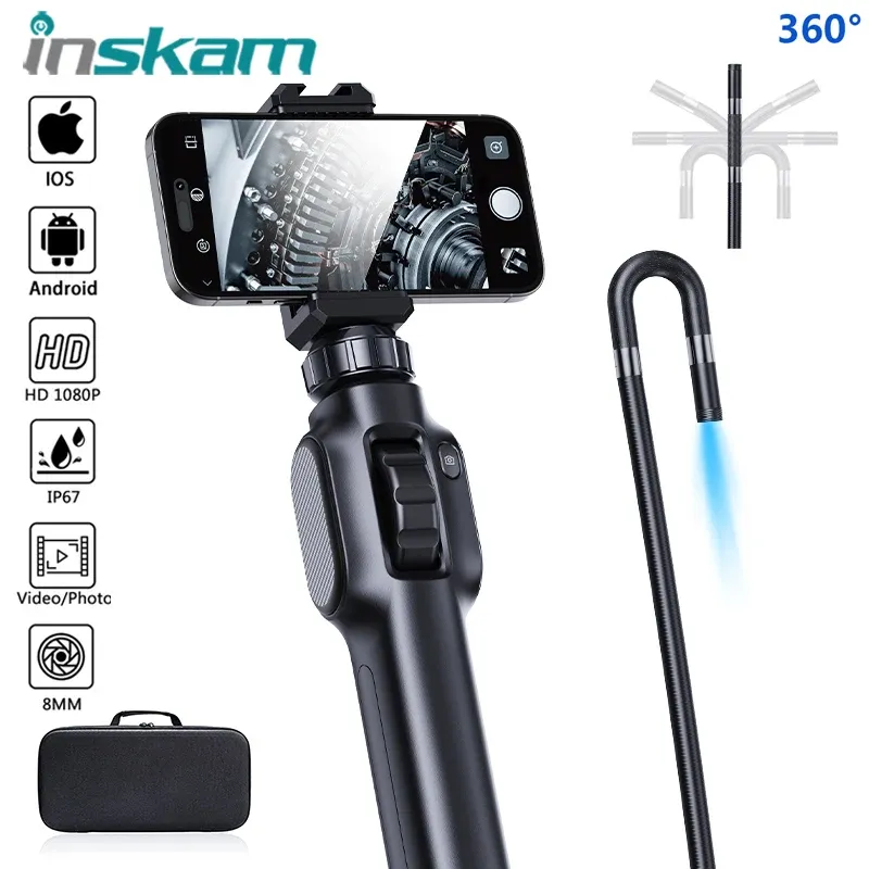 Camera's inskam 360 ° Twoway Rotary Endoscoop Articulatie Industriële endoscoop 8,5 mm Cars Inspectiecamera met 8 LED's voor iOS Android