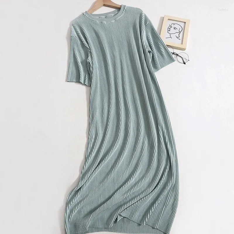 Party Dresses Summer Pleated Short-sleeved Dress For Women Korean Fashion Soft Thin O Neck Loose Drape Long T-shirt Elegant Trend