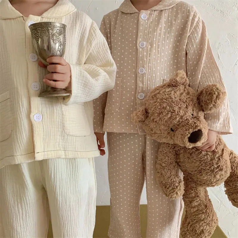 Kinderkleidung Mädchen Loungewear Frühling Baumwollgarn Polka Dot Boy Pyjama Anzug für Babys lässig Solid junger Kinderkleidung 240408