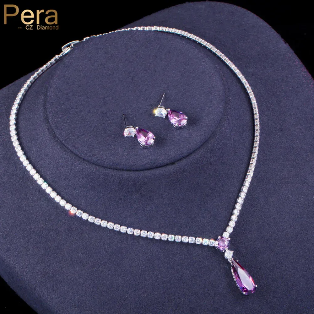 Collane Pera Trendy Mystic Purple Cz Cry Crystal Acqua Gocce Collana a sospensione e orecchini Set di gioielli da sposa per le spose Party J429