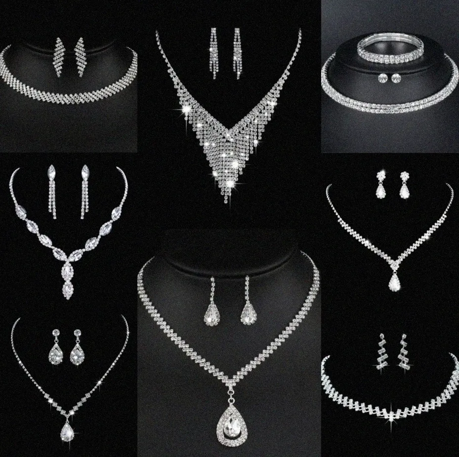 Värdefulla lab diamantsmycken Set Sterling Silver Wedding Halsbandörhängen för kvinnor Bridal Engagement Smyckesgåva O7WP#