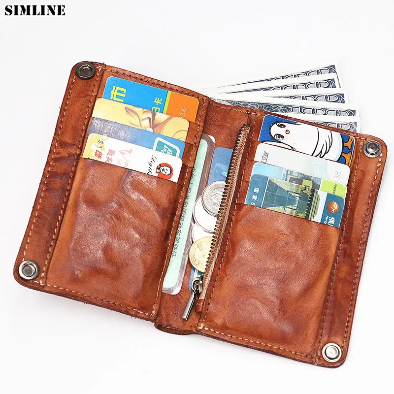 Portafogli Simline Portafoglio in pelle genuina per uomini vintage Short Bifold Portatori maschi Porta della borsa con tasca con cerniera