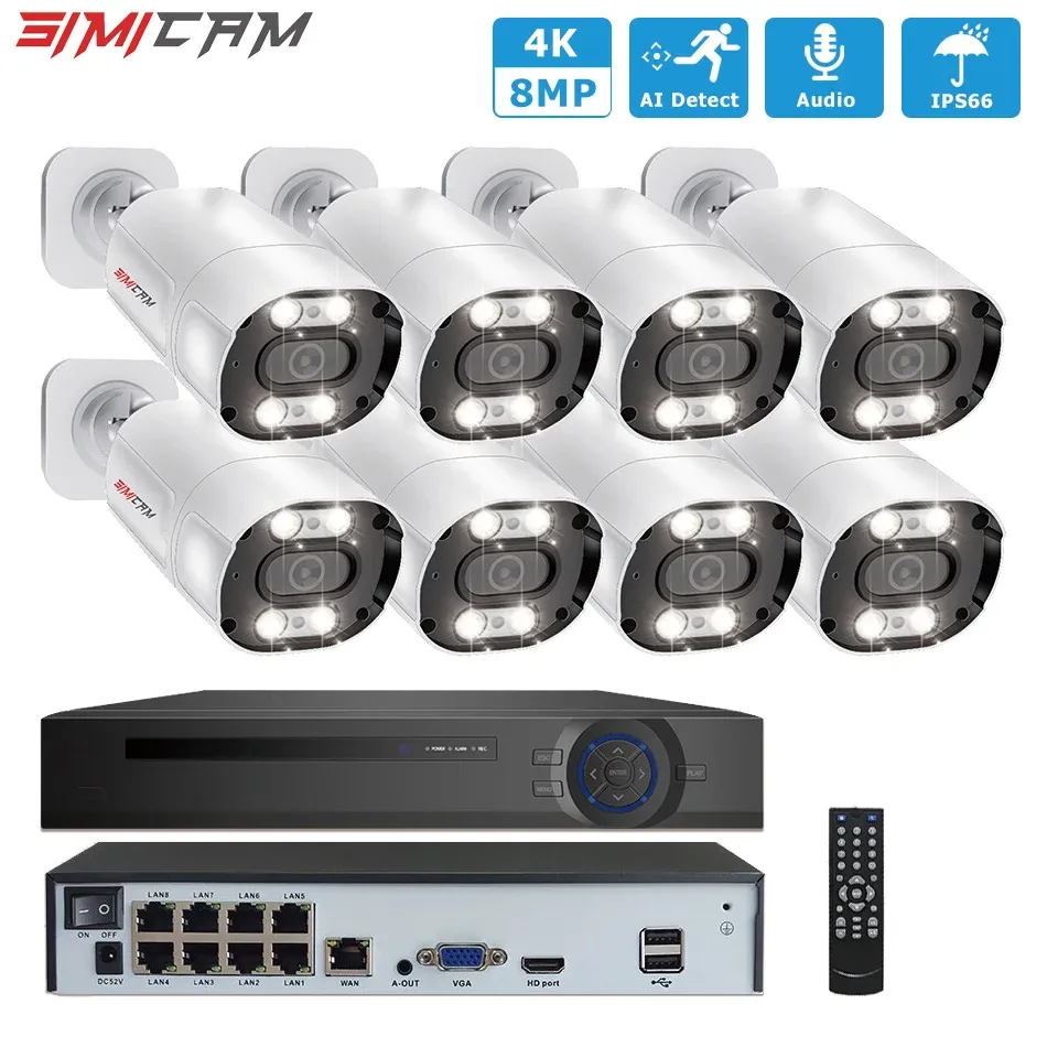 Lins 4K 8MP POE Security Camera System Kit 8ch NVR Metal Waterproof Color Night Vision Audio för Home Street Video Surveillance Set