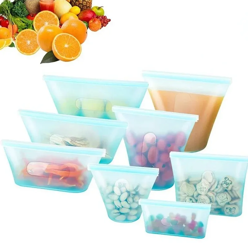 Väskor 8 st/set tätad blixtlås förvaringspåse silikon matpåse kök frukt grönsaker snacks säkra förvaring frys väskor 500 ml/750 ml