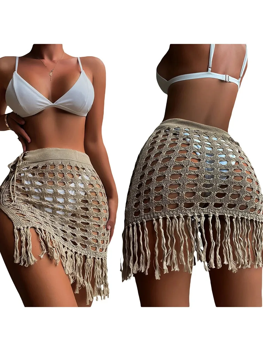 Women s Crochet Beach Cover Up Skirt Sexy Hollow Out Mesh Tassel Knit Wrap Sheer Maxi Sarong Swimwear 240409