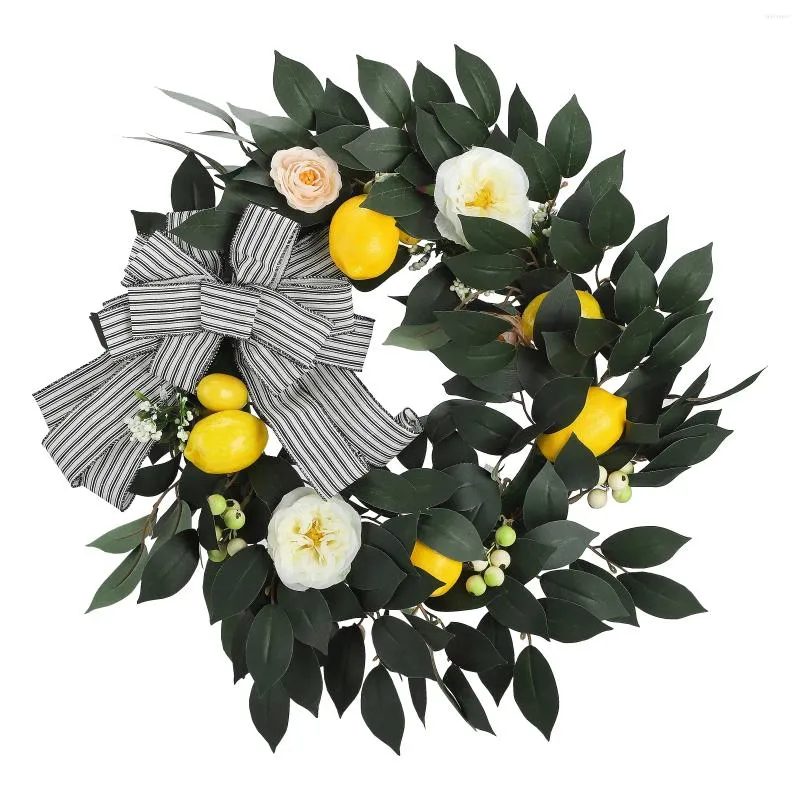 Decorative Flowers Simulation Yellow Wreath With Rose Flower Green Leaves Striped Bow Garland Party Decor Pendant Wedding Home