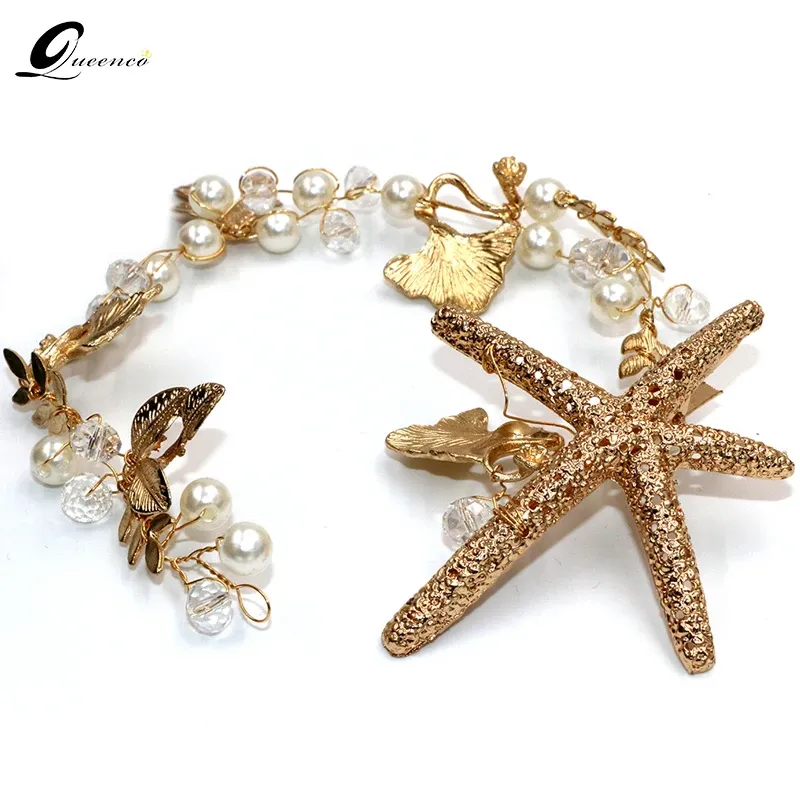 Jewelry The New Tiara Bridal Hair Accessories Starfish Headband Hair Clip Bride Handmade Tiaras Soft Pearl Hair Jewelry Headpiece