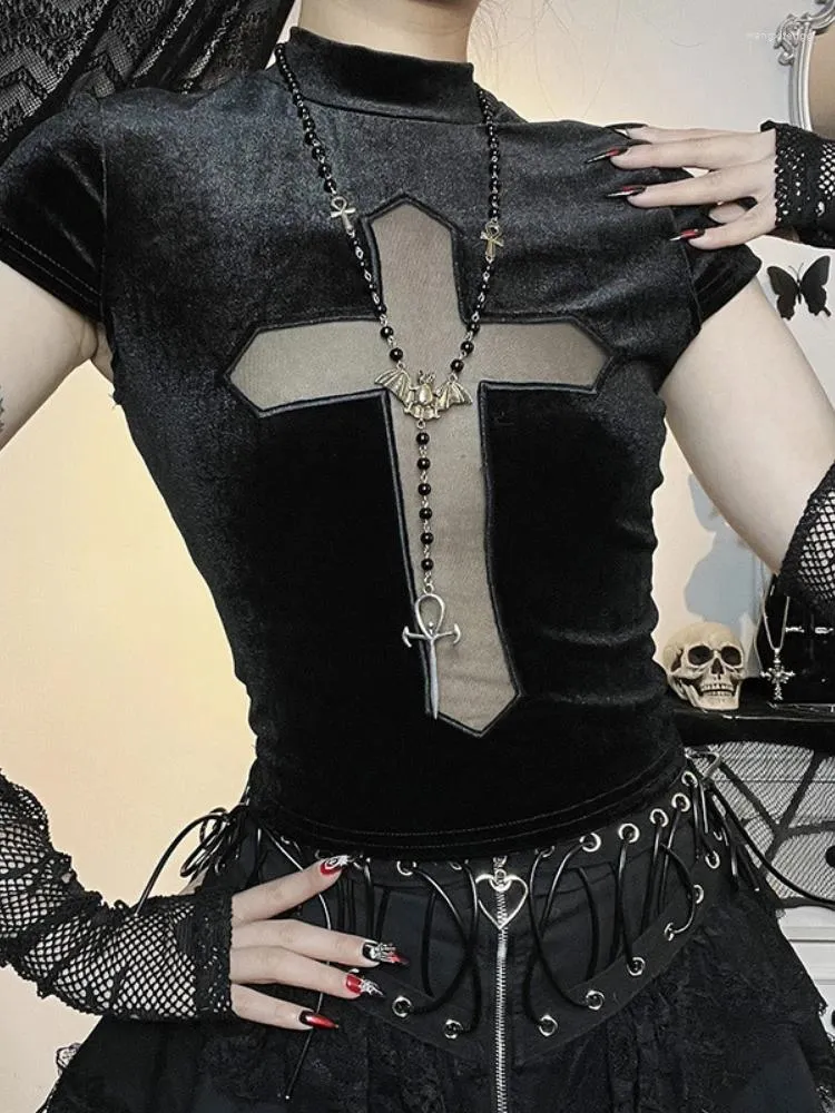 T-shirts pour femmes Dark Goth Cross Sheer Mall Gothic Femmes T-shirts GRUNGE AESTHÉS PUNK SEX SEO Emo Black Top Streetwear Fashion Alternative