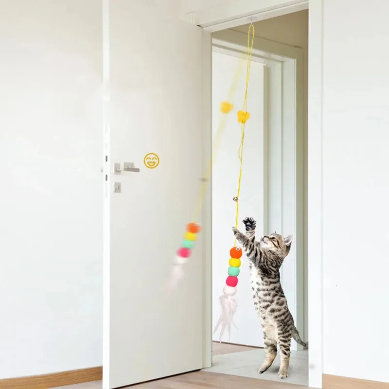 Pet Cat Toys Funny Stick Kitten Self Hi Elastic Rope Dragonfly Shape Feather Bell Teasing Hanging Swing Tusens 240410