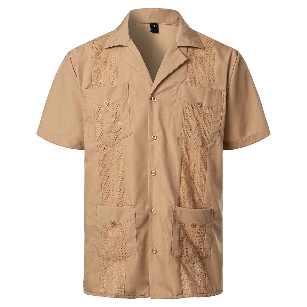 Camicie Cuban Camp Guayabera Shirt uomini maniche corte Casualmente abbottoni camicie da uomo da ricamo