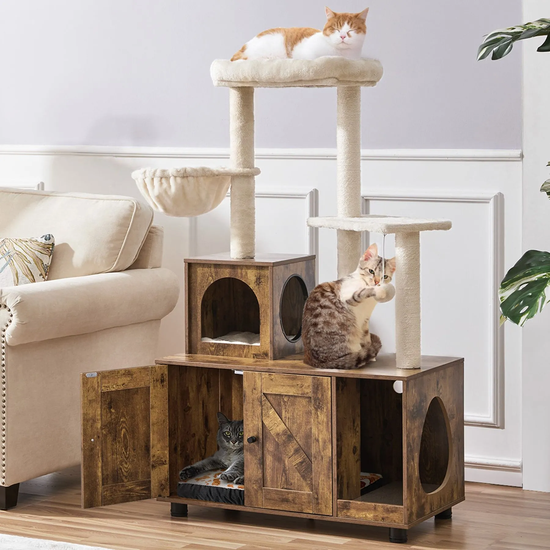 Wooden Cat Tower Multicolor 66 Inches Multi-level Large Cat Tree