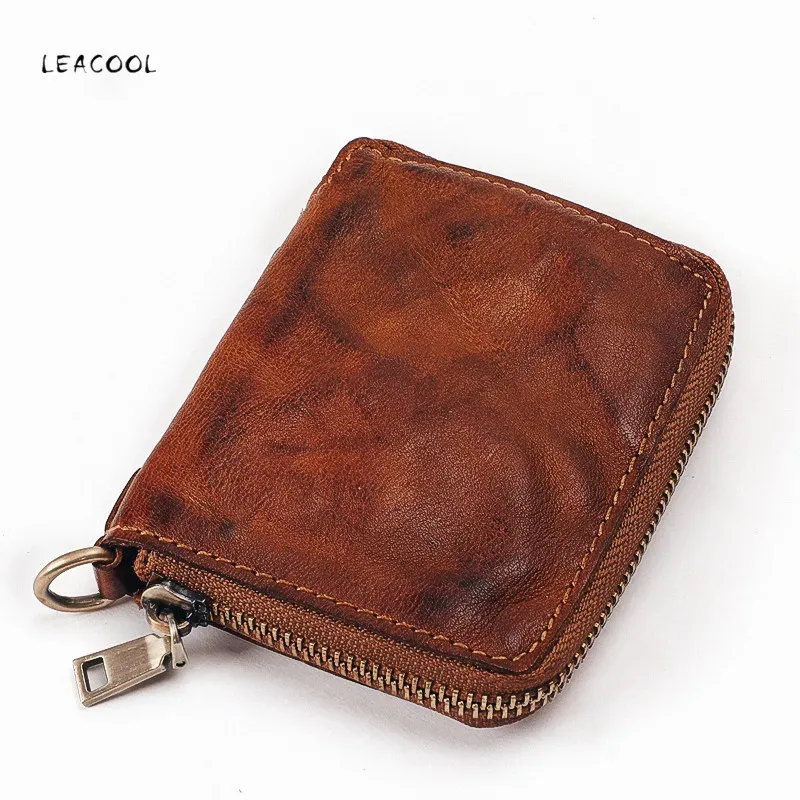 Wallets Leacool Genuine Leather Men Short Wallet Women Cowhide Zipper Purse Wallets Credit Card Holder Pocket Money Bag