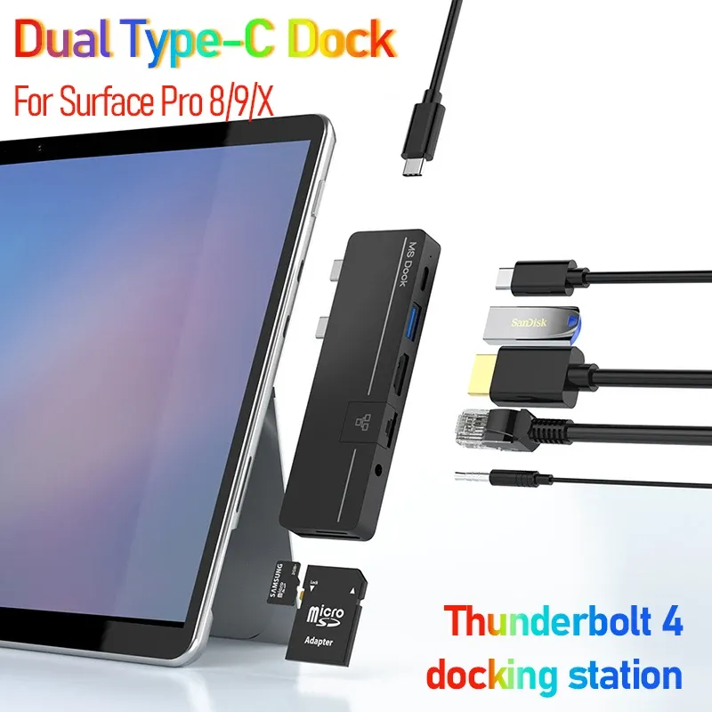 Nav för Microsoft PC -tillbehör Surface Pro 9 USB Hub Docking Station HD Dual Type C Hub Thunderbolt 4 Dock HDMI Surface Pro 8/9/X
