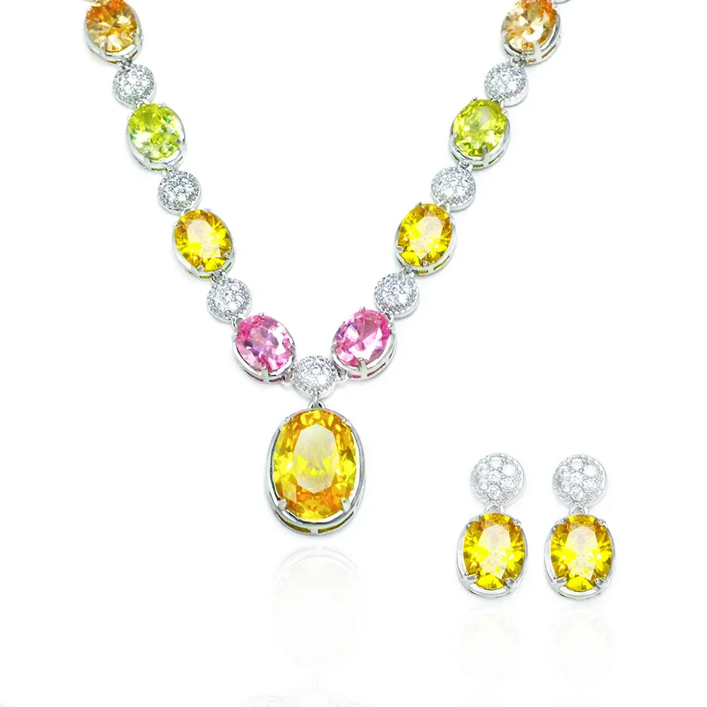 Collares Multicolor Big amarillo Reduce Reduce Cubic Zirconia Stone Women Fiesta de bodas Collar y aretes Elegantes novias Joyas T0831