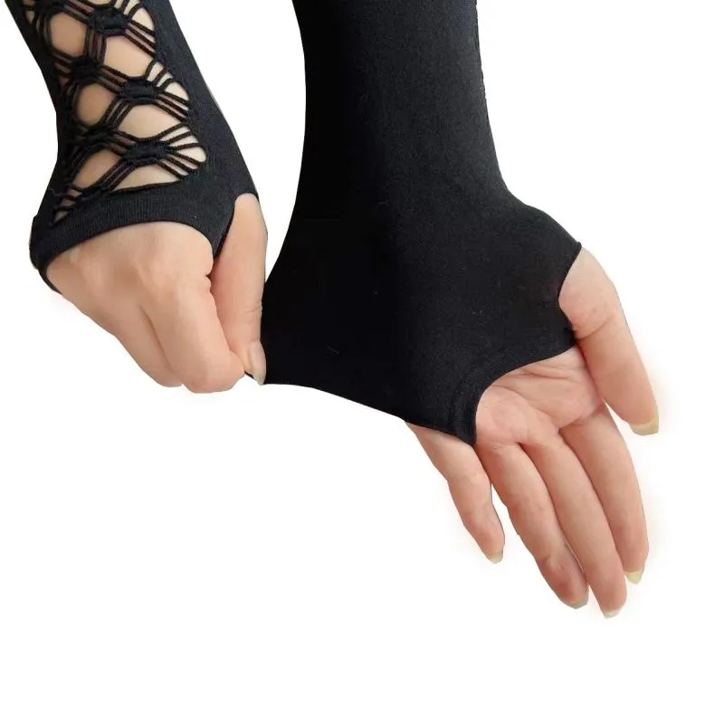 Kvinnor armbågslängd punkhandskar elastiska fingerlösa handskar pekskärm vantar utskärning cross mesh handskar cosplay party kostymer modetillbehör