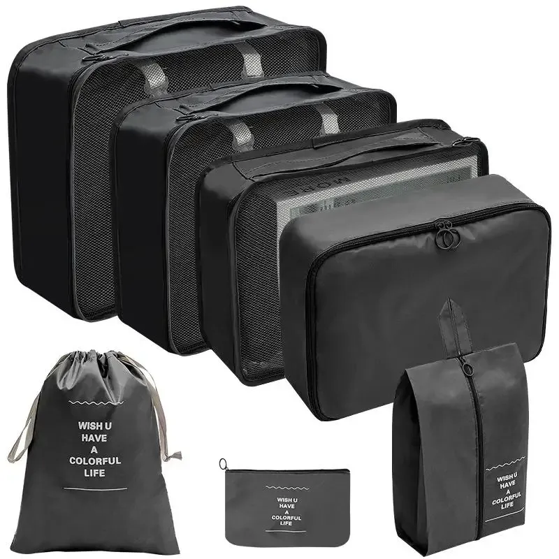 Väskor Hot 7st Set Klädförvaringspåse Travel Packing kuber Suitcase Portabla handväskor Nedy Pouch Folding Bagagväska med skopåse