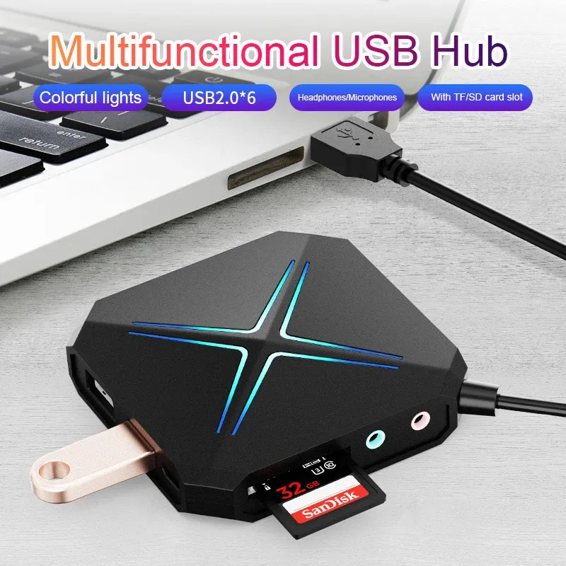 Hubs 6 порт USB Hub 1M Кабельный компьютер Splitter с TF SD Reader Mic Aux Cool Light Зарядка USB 2.0 3.0 HAB для PC USB Combo