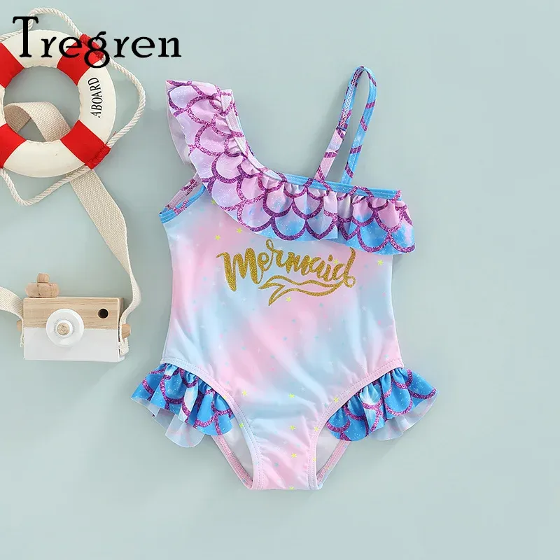 Accessoires Trigren Toddler Girls Swimsuit Fish Scale Ruffle Off Shoulder Barken Mermaid Letter Afdruk Swimwear Zomer Badenpak Strandkleding Strandkleding