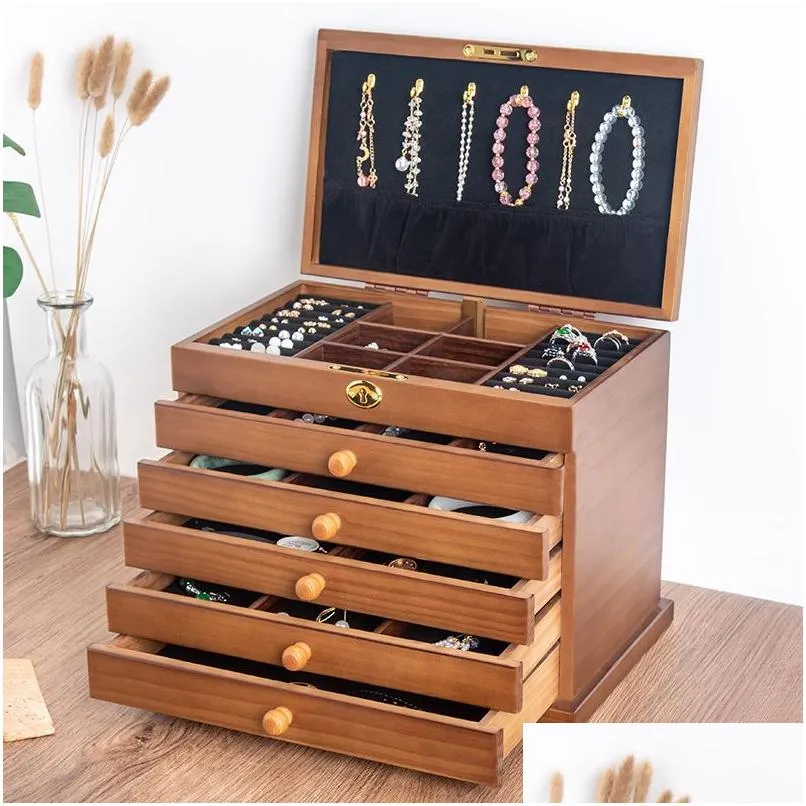 Jewelry Settings Der Box Organizer Storage Chinese Style Pine Wooden Large High Capacity Luxurious Solid Wood Necklace Earrings Drop D Otjvm