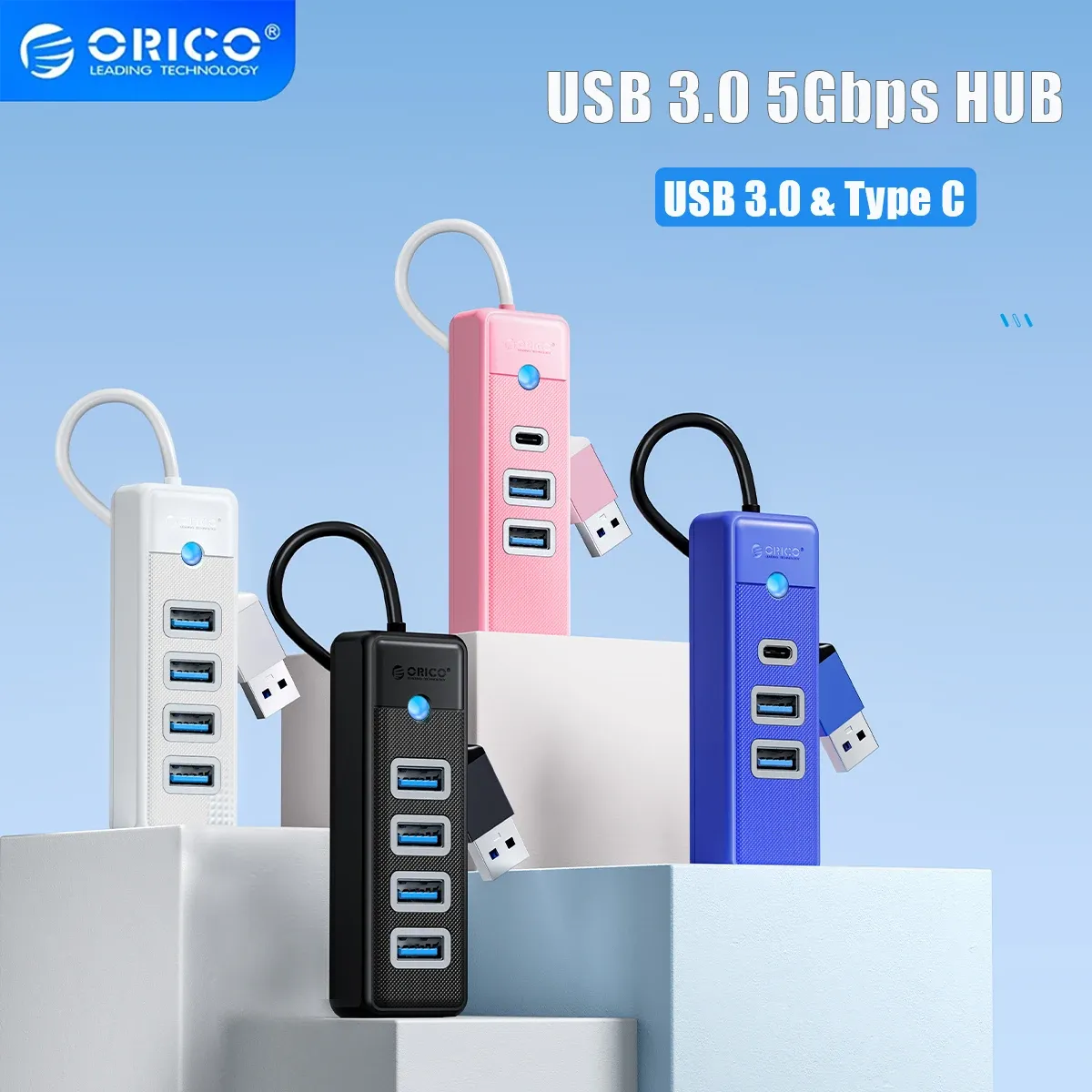 Hubs orico 4 poorten USB 3.0 Hub 5GBPS Hoge snelheid Multi Type C Splitter Ultraslim OTG -adapter voor pc -computeraccessoires MacBook Pro