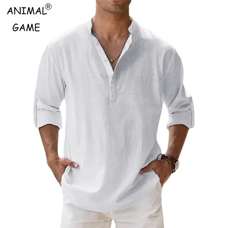 Mens Cotton Shirts Linen Casual Long Sleeve Button Down Shirt Band Collar Loose Tops M-5XL 240418