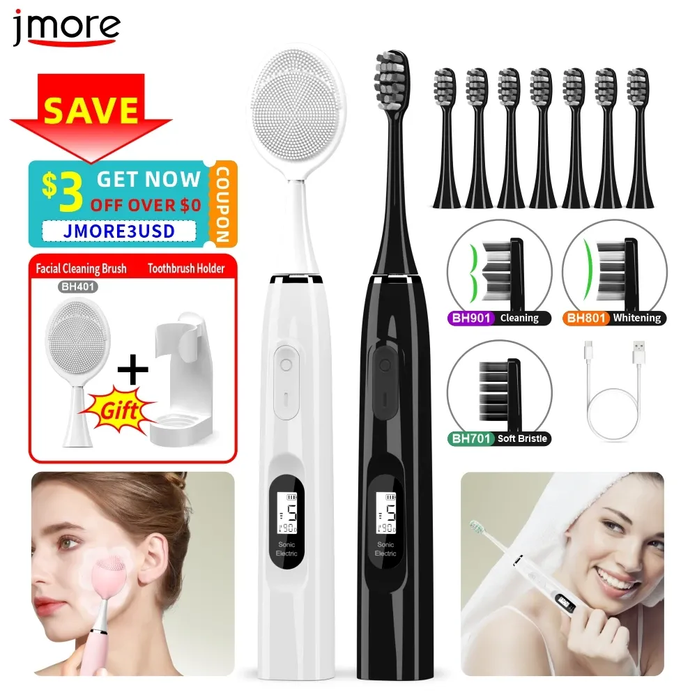 Heads Sonic Electric Toothbrush with LCD USB C Rechargeable CE 8 Replacement Brush Heads Black Whitening Facial Cleansing Brush Gift