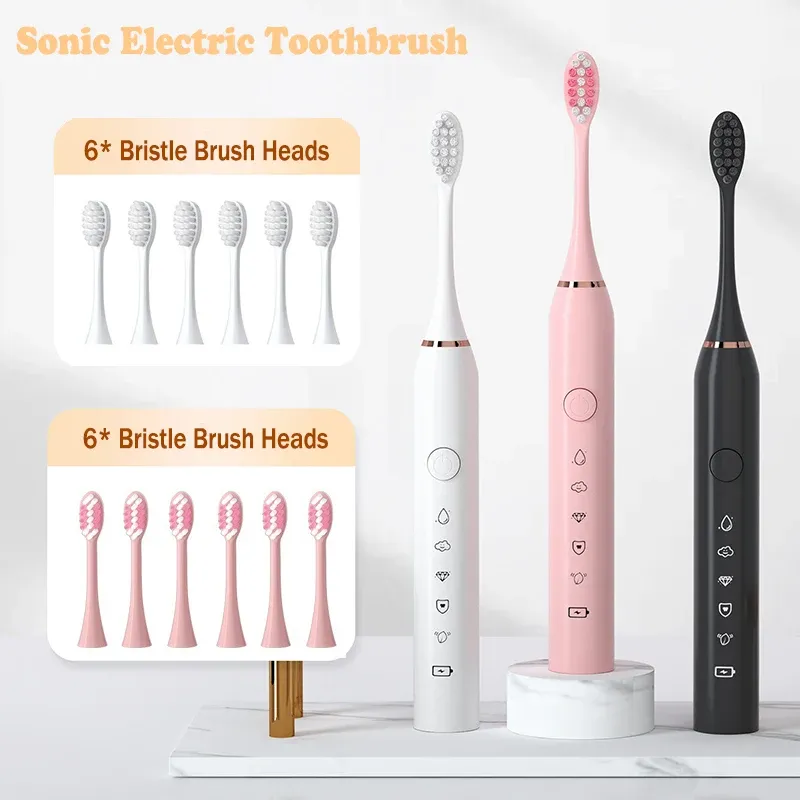 Koppen volwassenen sonische elektrische tandenborstel 5 borstelmodus USB -lader oplaadbare reisborstels met vervangende borstelkoppen sets