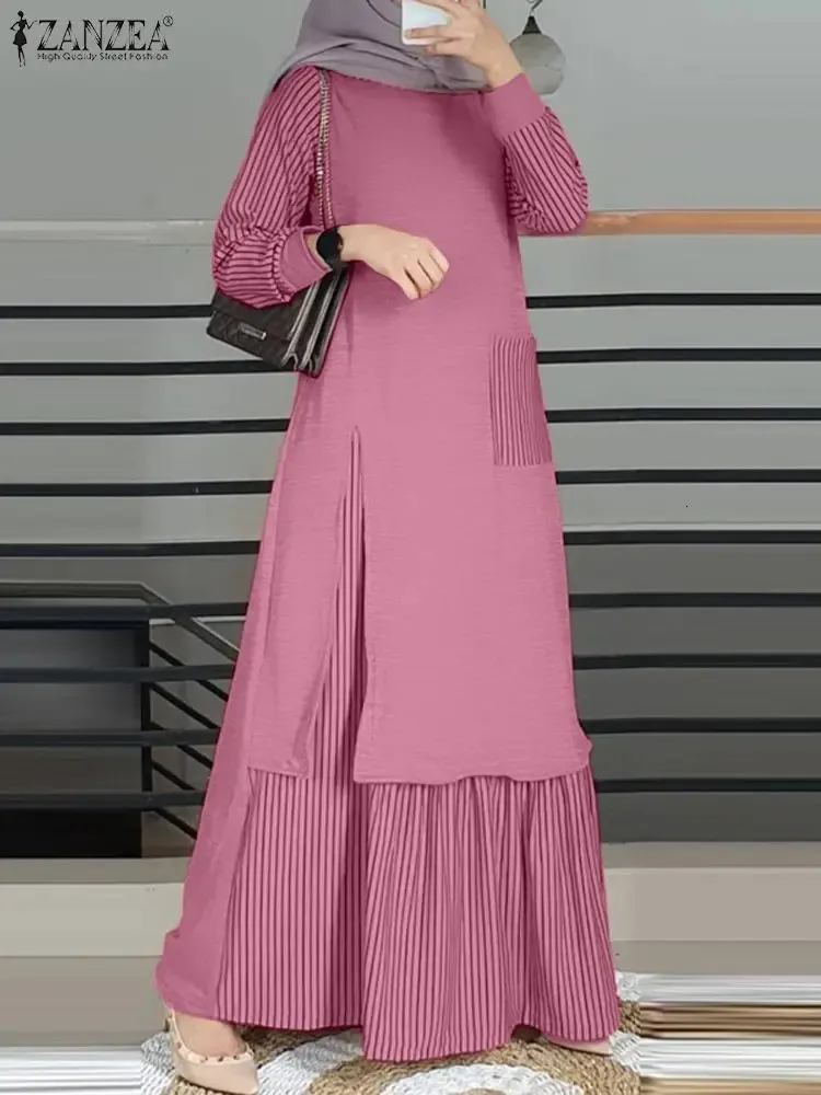 Vintage z długim rękawem w paski muzułmańską sukienkę Maxi Zanzea Kobiet Patchwork Sundress Turkey Abaya Hijab Dress Islamski odzież Ramadan 240422