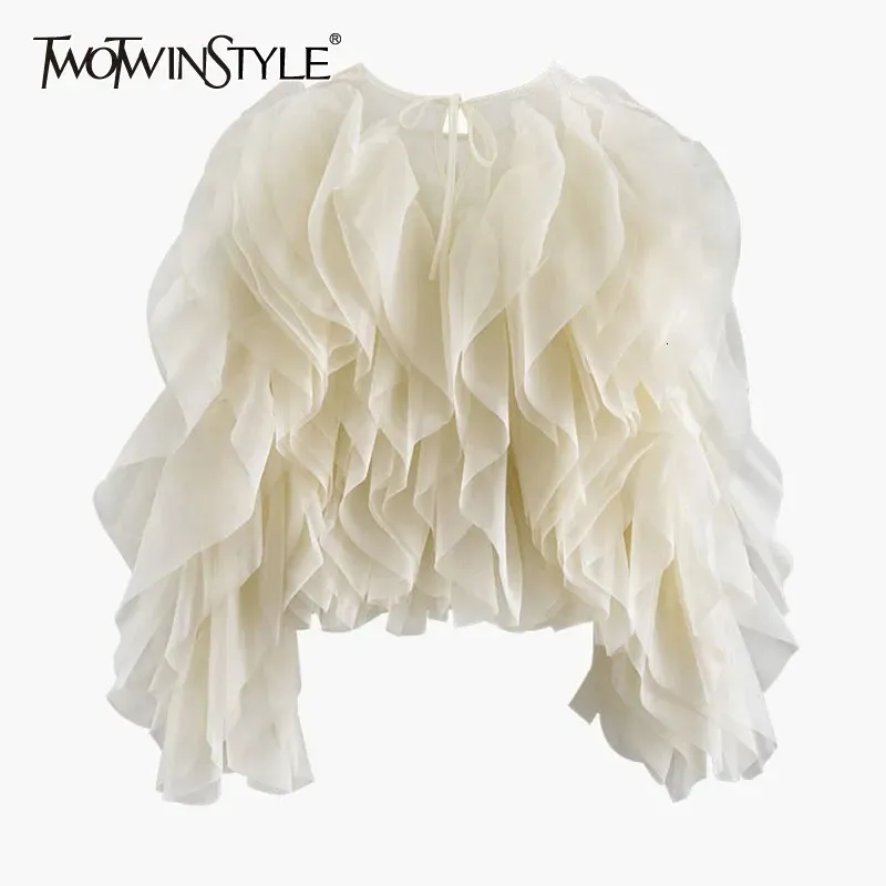 TWOTYLE Ruffles Shirts For Women O Neck Lantern Sleeve Loose Pullover Summer Blouse Female Fashion Style Clothing 240409