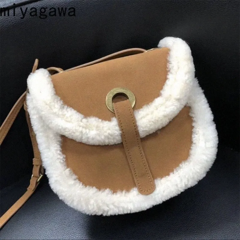 miyagawa Plush Bag for Women 2023 New Autumn Winter Retro Commuter Lamb Hair Single Shoulder Handheld Crossbody Saddle Bags A91v#