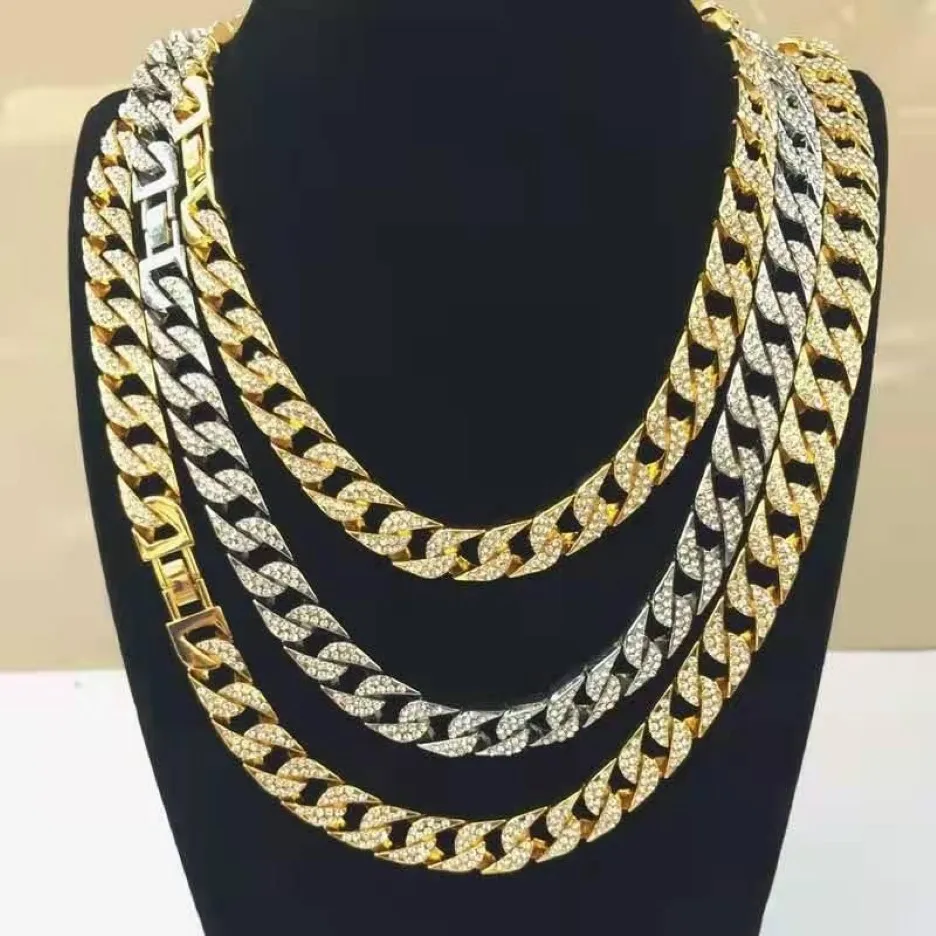 Chains Rapper Hip Hop Iced Out Paved Rhinestone 15MM Miami Curb Cuban Link Chain Gold Sliver Necklaces For Men Women Jewelry Set C2344