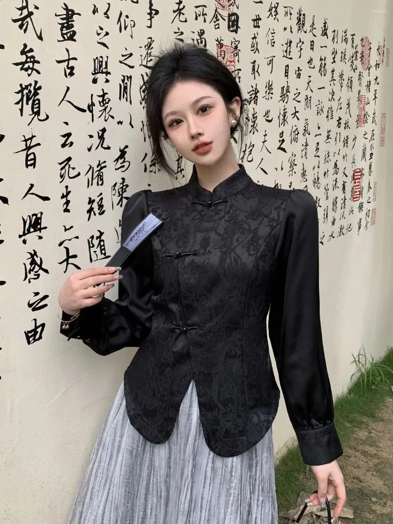 Etniska kläder 2024 Retro Trend Chinese Style Shirt Elegant Party Lady Blue Jacquard Diagonal Front Buckle Stand Collar Cheongsam Top