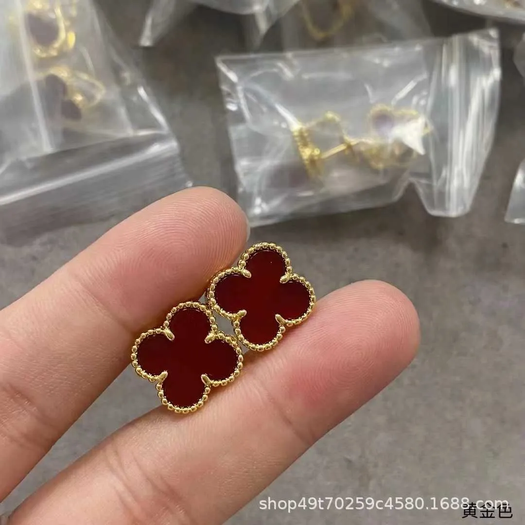 Designer charm Van Four Leaf Grass Earrings Female Gold Thickened Plating 18k Rose Natural Black Agate Red Chalcedony Small Fragrance Trend jewelry