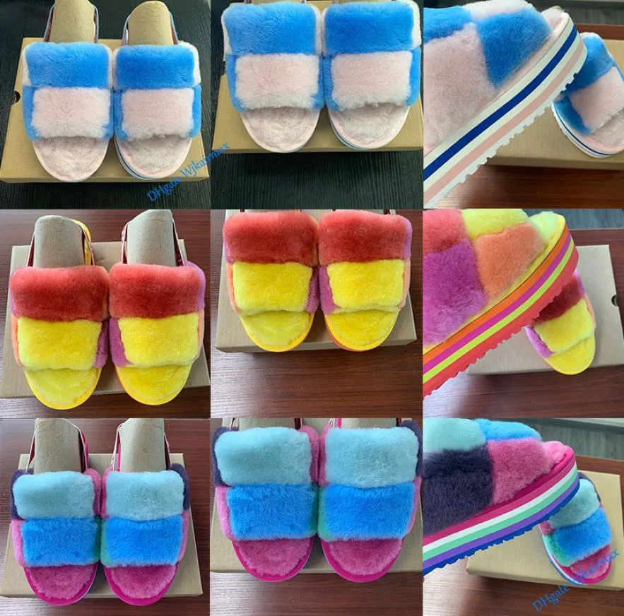 Women Pantoufle Slipper Furry Designer Slippers Fur Rainbow Mules Disco G Checker Slide Slides Platform Sliders Hausschuhe Thick B3632123