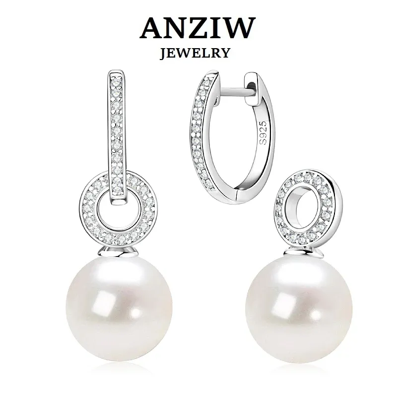 Örhängen Anziw Real 925 Sterling Silver Hoop örhängen 910mm White Shell Pearl Drop Earring Sakarble Wedding Party Jewelry for Women