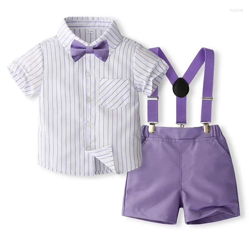 Ensembles de vêtements focusnorm 2pcs Summer Kids Boys Gentleman Vêtements 0-5y Stripe Imprime à manches courtes à manches courtes avec nœud papillon et short à suspense