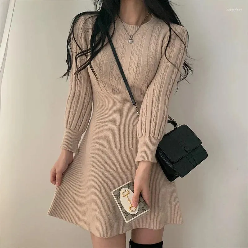 Casual Dresses Korean Fashion Warm Pullover Twist Texture Slim A-line Long Sleeved Knitted Sweater Mini Dress Autumn Winter Wool Vest J294