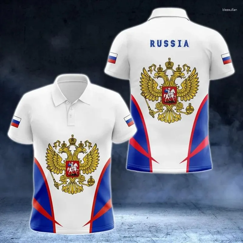 Polos masculinos Rússia emblema nacional imprimir botão de verão de lapela camisas de polo tops casuais bandeira russa Trendência masculina roupas