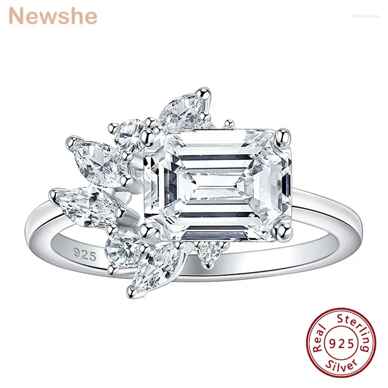 Cluster Anneaux She 925 Silver Silver East to West Ring Emerald Cut Solitaire Mariage Engagement pour les femmes 5A Bijoux en zircone cubique