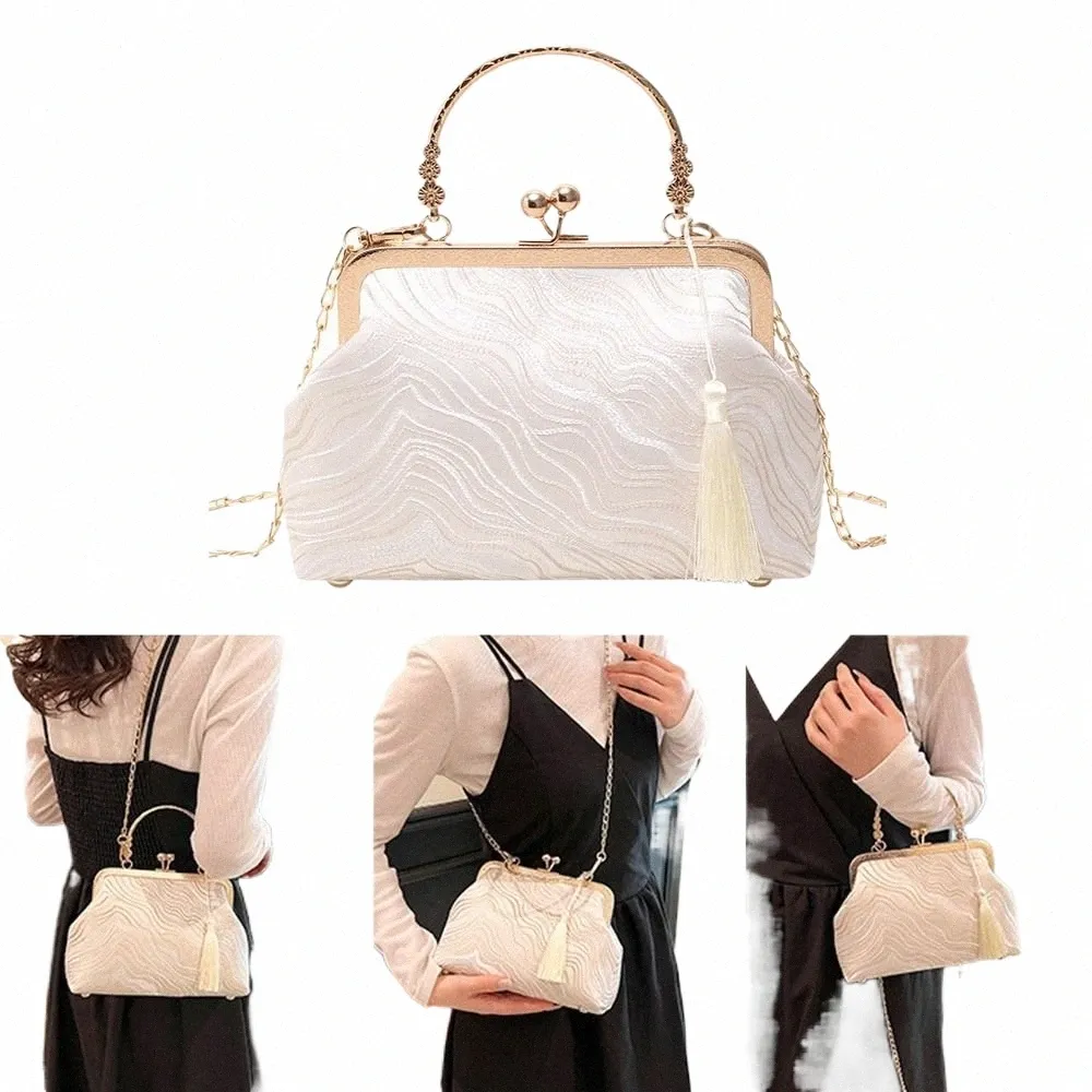 white Chinese Style Handbag Fi Chinese Style Silk cloth Square Bag Elegant Tassel Shoulder Bag 51jT#