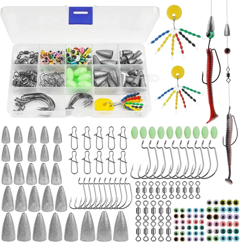 Accessoires 150 stks Texas Rig Carolina Rig Kit Inbegrepen Bullet Sinkers Worm Hooks Visconnector voor bas Walleye Rig Lure Fishing Tackle