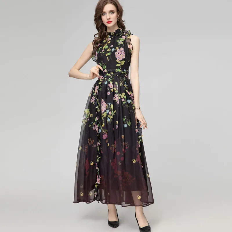 Runway -jurken voor damesgesneden stand kraag mouwloze gedrukte bloemen geplooide mode casual maxi vestidos