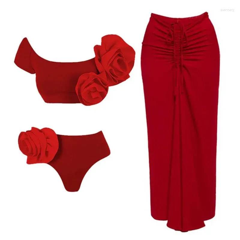 Menas de banho feminina fêmea de praia e banheiro de biquíni saídas para mulheres 2024 Rose Blossom Color Solid One Piece Conjunto de impressão