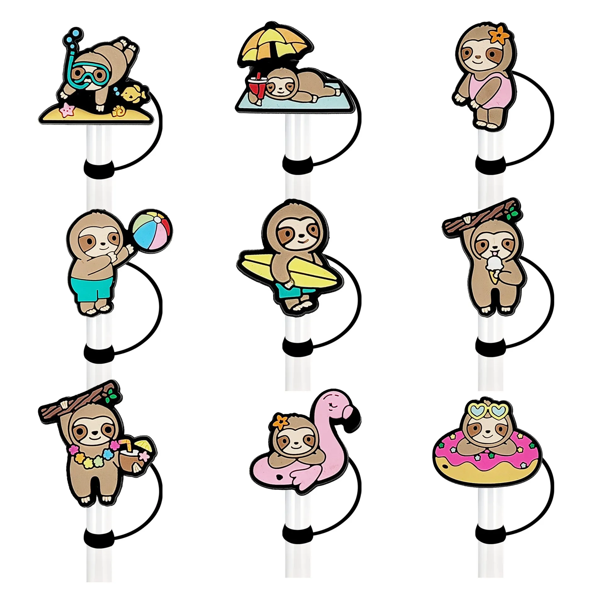 15Colors Sloth Party Summer Silicone Straw Toppers Tillbehör Täck Charms Återanvändbart stänkskydd Drickande dammplugg Dekorativ 8mm/10mm halmparti