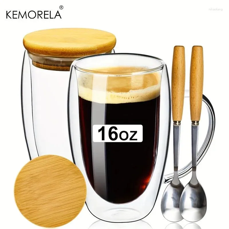 Kieliszki do wina 2PCS Transparent podwójnie warstwowy szklany kubek z drewnianą osłoną łyżki domowej kawy kubek 350/450 ml espresso cappuccino