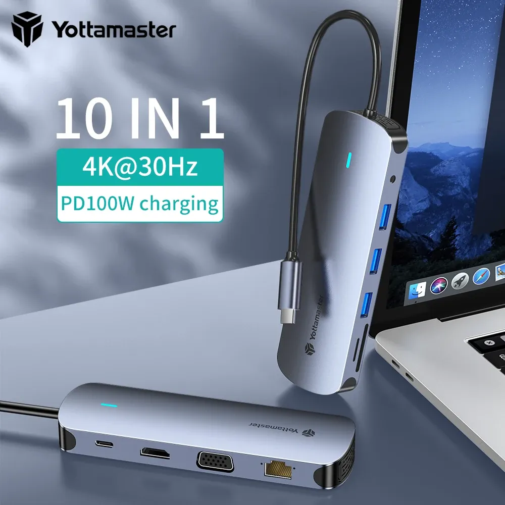 HUBS YOTTAMASTER USB Adapter Hub 5 Gb/s RJ45 USB3.1 PD100W Typec HDMI/VGA SD/TF Case 5/6/8/9/10 Port Multifonction Docking Station