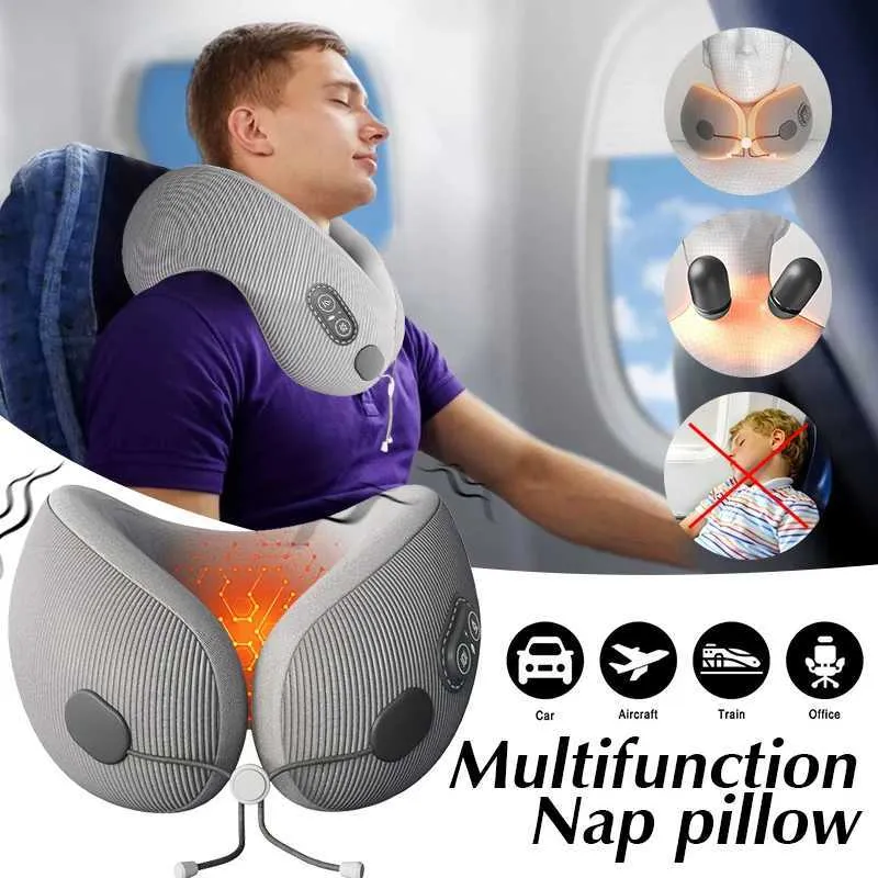 Electric massagers Travel neck pillow with massager U-shaped memory cotton sleep pillow used for airplane office nap center pillow to relieve pain Y240422