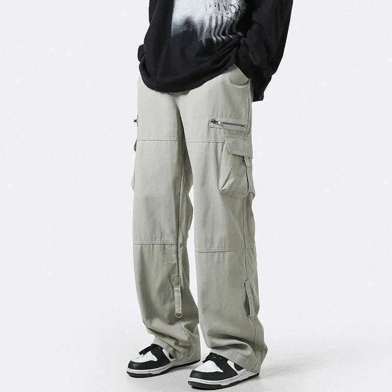 Men's Pants Houzhou Cargo Pants mens zipper oversized wide leg mens T-shirt hip-hop casual Korean pocket Safari style Y240422
